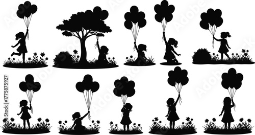 Silhouette, girl, balloons, child, sitting, standing, tree, flowers, nature, whimsical, playful, vector, black, white, dress, pigtails, outdoor, happiness, innocence, celebration