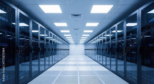 Long dark server room corridor with rows of computer racks data center