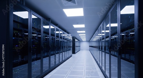 Long dark server room corridor with rows of computer racks data center