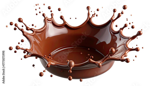 Glossy brown liquid splashes upwards in a symmetrical crown shape