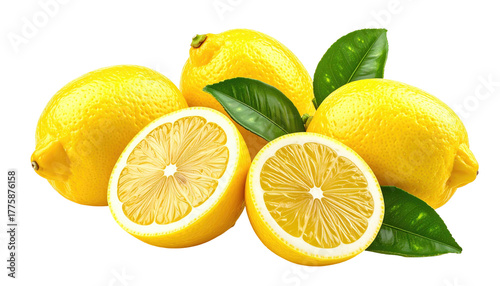 Lemons, half-cut, with green leaves on black background