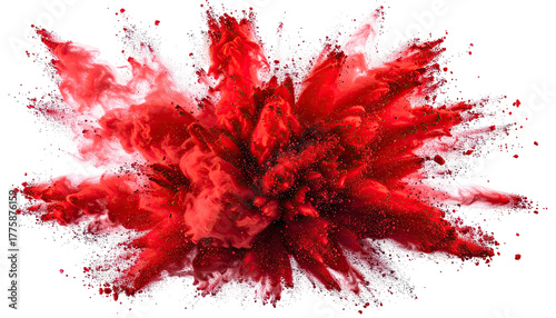 Vivid crimson powder burst on black, cloudlike, abstract