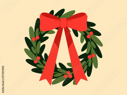 A large red ribbon is tied in the middle of the wreath