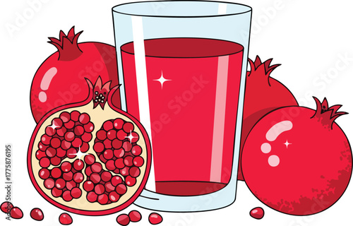 Fresh Pomegranate Juice in a Tall Glass Surrounded by Whole and Halved Pomegranates and Seeds on a White Background