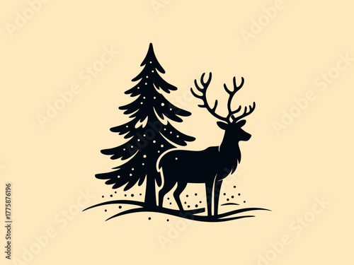 A polar deer in silhouette form near a tree
