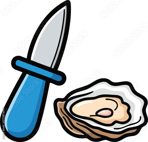 Cartoon Oyster And Knife For Opening Seafood Meal Preparation