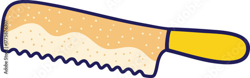 Yellow Handled Serrated Bread Knife With Light Brown and Tan Blade and Blue Outline On White Background