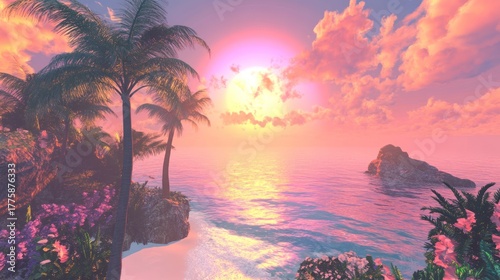 Dreamy Tropical Sunset: Palm Trees, Pink Clouds, and Ocean Reflections
