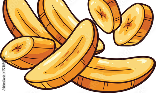 Yellow Sliced Bananas Close Up Pixel Art Style Isolated On White Background