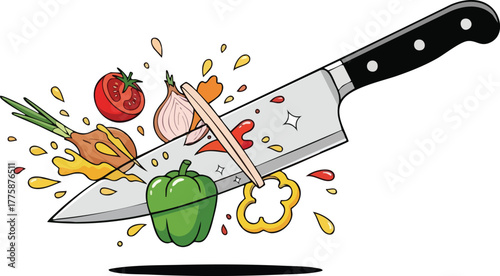 Chef knife slicing fresh vegetables including bell pepper tomato and onion with motion blur effect