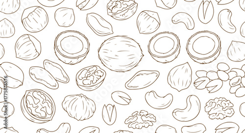Seamless pattern featuring nuts. A vector background promoting natural and healthy nutrition, this textile print or wallpaper design showcases hazelnuts, coconuts, cashews, Brazil nuts, and walnuts.