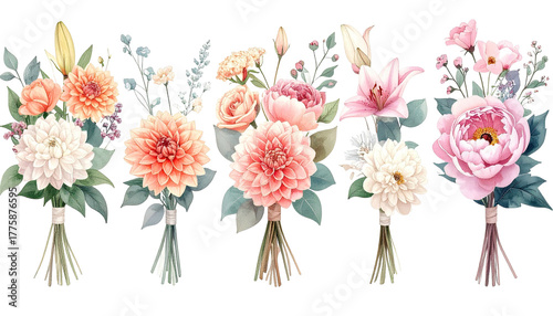 Five bouquets of watercolor flowers, tied with string, dark backdrop