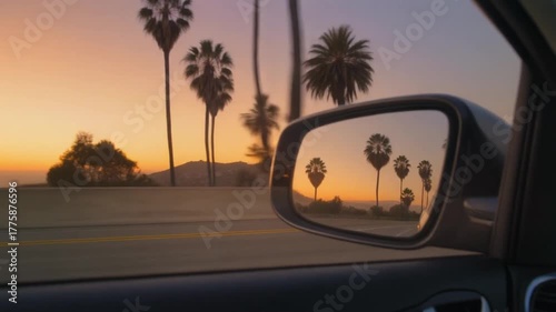 Cinematic reflections of palm trees on moving car window at sunset