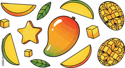 Pixel Art Style Mangoes Various Slices Cubes and Whole Fruit on White Background