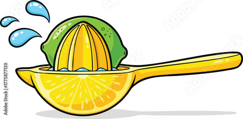 Yellow Lemon Being Juiced in Manual Citrus Squeezer with Water Droplets Splashing