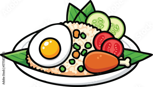 Pixel Art Fried Rice with Fried Egg Chicken Leg and Vegetables on a White Plate