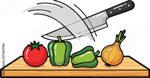 Pixel Art Illustration Of A Chef Knife Chopping Bell Peppers Tomato And Onion On A Wooden Cutting Board
