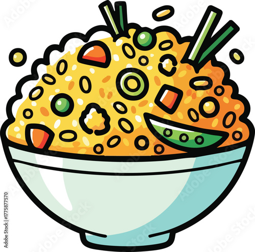 Bowl Of Colorful Fried Rice With Green Peas Carrots And Scallions