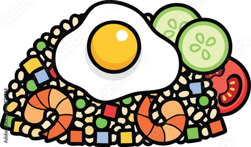Colorful Fried Rice With Shrimp Egg and Vegetables Illustration on White Background