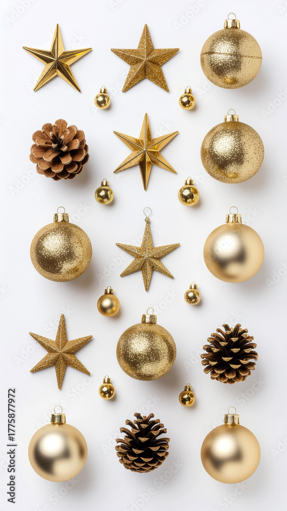 Fototapeta premium Golden Christmas ornaments and stars isolated on white background, minimalist holiday decoration elements perfect for festive design, mockup, and elegant seasonal template.