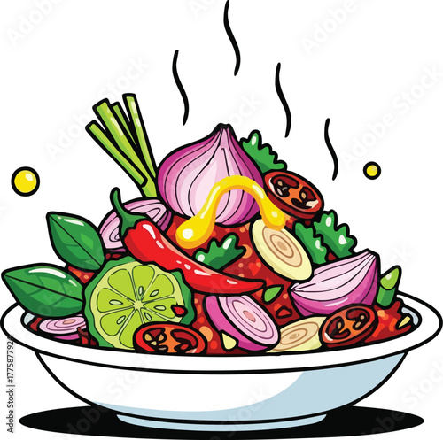 Pixel Art Spicy Salad Dish With Fresh Herbs Onions Chili Peppers Lime And Lemongrass Steaming