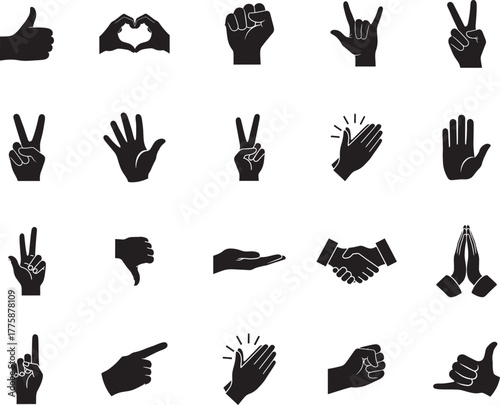 Hand Gesture Silhouette icon collection. Includes Silhouette symbols hand, gesture, communication, sign, signal, expression and more. Gesture icon set. Minimalist icons pack.