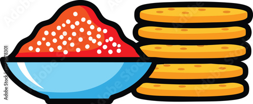 Stack Of Round Golden Cookies Next To A Blue Bowl Of Red Caviar With White Dots