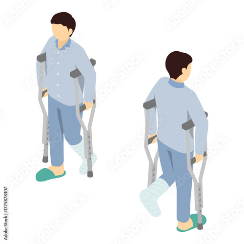アイソメトリックイラスト：骨折して松葉杖を使う患者