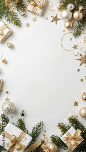 high quality christmas tree gift box copyspace light ornaments white background