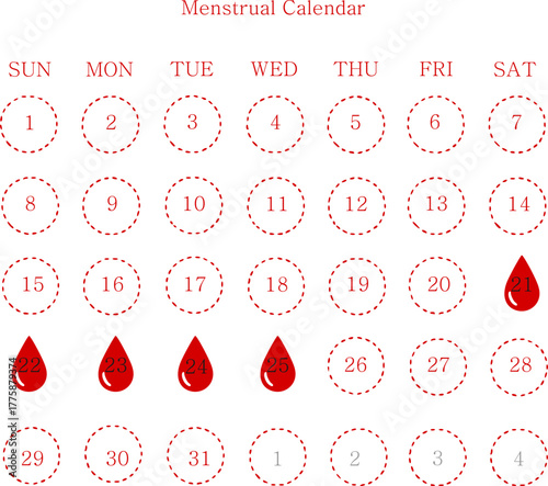 Monthly menstrual calendar with drop icons to track period days and manage cycles, flat art design style.
