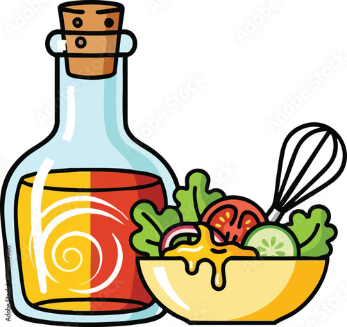 Illustration Of Salad Bowl With Whisk And Bottle Of Oil And Vinegar With Swirl Pattern