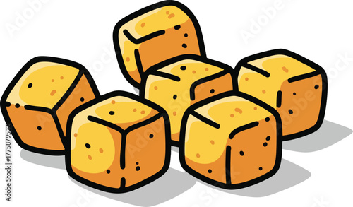 Six Golden Brown Croutons Scattered on a White Background With Subtle Shadowing
