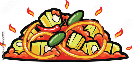 Pixel Art Spicy Stir Fry Dish With Chili Peppers And Vegetables On White Background With Flames
