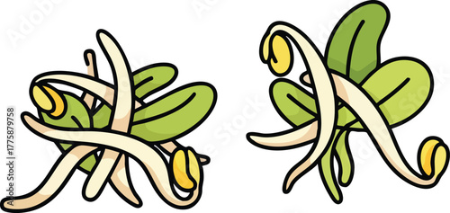 Two Sprouts with Green Leaves and Yellow Seeds on White Background