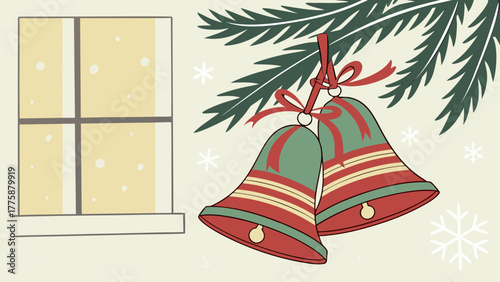 Illustration of christmas bells hanging from a pine branch near a window with falling snow outside