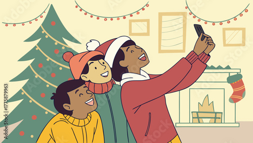 Three friends taking a christmas selfie in front of a decorated tree and fireplace indoors scene
