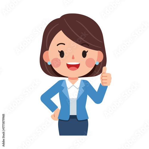 Cheerful businesswoman giving a thumbs-up gesture, showing positive approval.