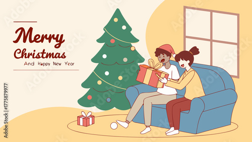 Couple celebrating christmas with a gift and christmas tree in a cozy living room setting scene