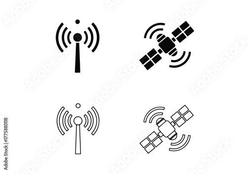 Telecommunication icons antenna and satellite signal transmission - Vector icon symbol for website - Icon vector - Blue icon vector - Line and glyph solid icon set