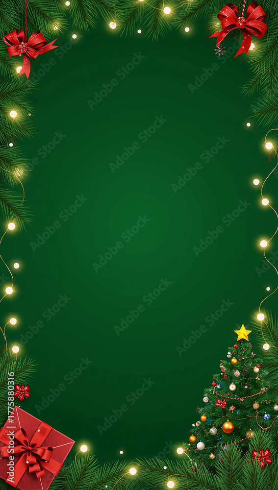 Naklejka premium high quality christmas tree gift box copyspace light ornaments green background