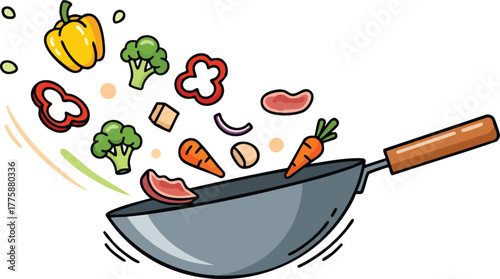 Colorful Fresh Vegetables and Meat Tumbling Out of a Wok With Motion Lines on White Background