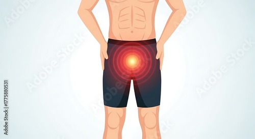 Man experiencing groin pain with radiating red circles indicating discomfort and inflammation on a light background
