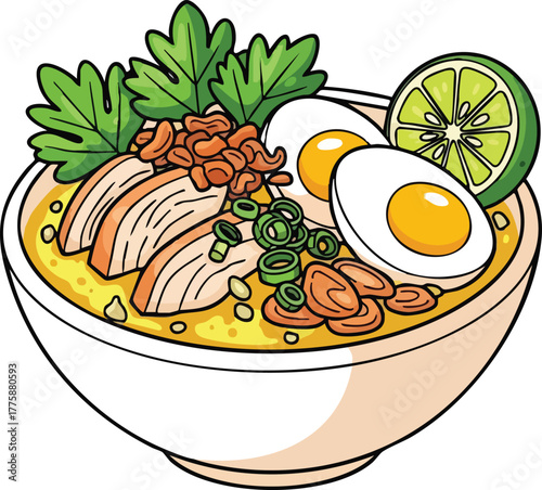 Bowl of Savory Chicken Soup Topped With Hard Boiled Eggs Fried Shallots and Fresh Herbs Garnished With Lime Wedge