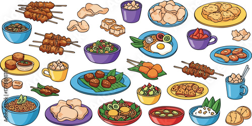 Diverse Pixel Art Food Collection With Meat Skewers Rice And Vegetables