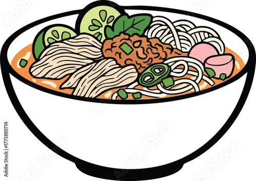 Bowl Of Asian Noodle Soup With Sliced Meat And Vegetables On White Background