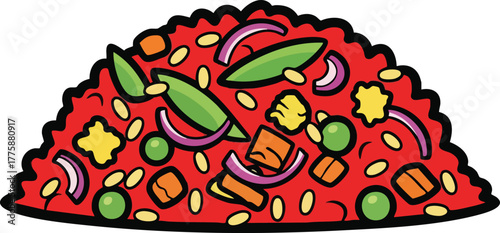 Close up of a pile of red fried rice with green peas and diced carrots and red onions and corn kernels