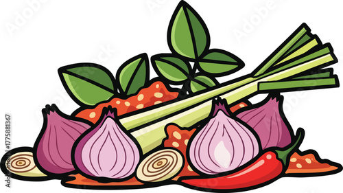 Colorful Illustration of Fresh Ingredients Including Lemongrass Shallots Chili Peppers and Basil Leaves For Thai Cuisine