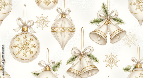 Seamless pattern of elegant white and gold Christmas ornaments with snowflakes on a light background, perfect for festive designs.