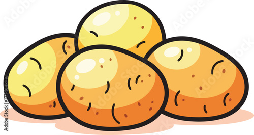 Pile of five cartoon style potatoes with yellow and brown skin and round eyes on a white background