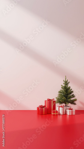 3d render christmas background tree and gift boxes on one side red and white large empty copyspace for text